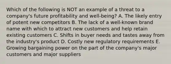 Which of the following is NOT an example of a threat to a company's future profitability and well-being? A. The likely entry of potent new competitors B. The lack of a well-known brand name with which to attract new customers and help retain existing customers C. Shifts in buyer needs and tastes away from the industry's product D. Costly new regulatory requirements E. Growing bargaining power on the part of the company's major customers and major suppliers