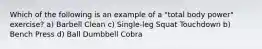 Which of the following is an example of a "total body power" exercise? a) Barbell Clean c) Single-leg Squat Touchdown b) Bench Press d) Ball Dumbbell Cobra