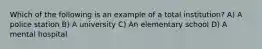Which of the following is an example of a total institution? A) A police station B) A university C) An elementary school D) A mental hospital