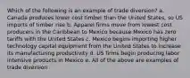 Which of the following is an example of trade diversion? a. Canada produces lower cost timber than the United States, so US imports of timber rise b. Apparel firms move from lowest cost producers in the Caribbean to Mexico because Mexico has zero tariffs with the United States c. Mexico begins importing higher technology capital equipment from the United States to increase its manufacturing productivity d. US firms begin producing labor intensive products in Mexico e. All of the above are examples of trade diversion