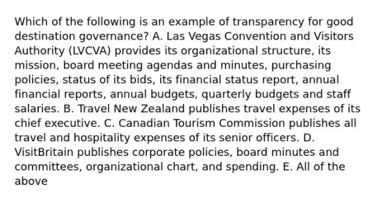 Which of the following is an example of transparency for good destination governance? A. Las Vegas Convention and Visitors Authority (LVCVA) provides its organizational structure, its mission, board meeting agendas and minutes, purchasing policies, status of its bids, its financial status report, annual financial reports, annual budgets, quarterly budgets and staff salaries. B. Travel New Zealand publishes travel expenses of its chief executive. C. Canadian Tourism Commission publishes all travel and hospitality expenses of its senior officers. D. VisitBritain publishes corporate policies, board minutes and committees, organizational chart, and spending. E. All of the above