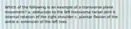 Which of the following is an example of a transverse plane movement? a. abduction to the left transverse tarsal joint b. internal rotation of the right shoulder c. plantar flexion of the ankle d. extension of the left toes