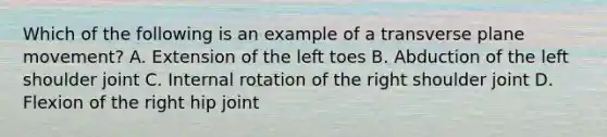 Which of the following is an example of a transverse plane movement? A. Extension of the left toes B. Abduction of the left shoulder joint C. Internal rotation of the right shoulder joint D. Flexion of the right hip joint