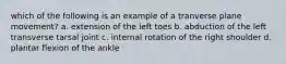 which of the following is an example of a tranverse plane movement? a. extension of the left toes b. abduction of the left transverse tarsal joint c. internal rotation of the right shoulder d. plantar flexion of the ankle