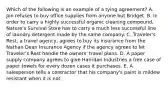 Which of the following is an example of a tying agreement? A. Jon refuses to buy office supplies from anyone but Bridget. B. In order to carry a highly successful organic cleaning compound, Nature's Survival Store has to carry a much less successful line of laundry detergent made by the same company. C. Traveler's Rest, a travel agency, agrees to buy its insurance from the Nathan Dean Insurance Agency if the agency agrees to let Traveler's Rest handle the owners' travel plans. D. A paper supply company agrees to give Harridan Industries a free case of paper towels for every dozen cases it purchases. E. A salesperson tells a contractor that his company's paint is mildew resistant when it is not.