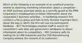 Which of the following is an example of an unethical practice related to obtaining marketing information about a competitor: - An OQR business associate poses as a security guard at the PRW Corporation's headquarters to obtain information about the corporation's business activities. - A marketing-research firm conducts a focus group and fails to fully disclose important facts about the way in which the firm will use the participants' feedback. - BCT Technologies employs staff to search its competitors' web sites and government databases to obtain information about its competitors. - INV Company sells its mailing list to LMN Industries and the TQS Manufacturing Company without the consent of its customers.