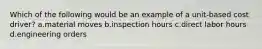 Which of the following would be an example of a unit-based cost driver? a.material moves b.inspection hours c.direct labor hours d.engineering orders