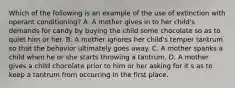 Which of the following is an example of the use of extinction with operant conditioning? A. A mother gives in to her child's demands for candy by buying the child some chocolate so as to quiet him or her. B. A mother ignores her child's temper tantrum so that the behavior ultimately goes away. C. A mother spanks a child when he or she starts throwing a tantrum. D. A mother gives a child chocolate prior to him or her asking for it s as to keep a tantrum from occurring in the first place.