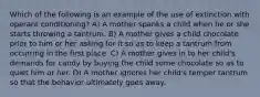 Which of the following is an example of the use of extinction with operant conditioning? A) A mother spanks a child when he or she starts throwing a tantrum. B) A mother gives a child chocolate prior to him or her asking for it so as to keep a tantrum from occurring in the first place. C) A mother gives in to her child's demands for candy by buying the child some chocolate so as to quiet him or her. D) A mother ignores her child's temper tantrum so that the behavior ultimately goes away.