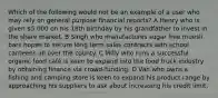 Which of the following would not be an example of a user who may rely on general purpose financial reports? A Henry who is given 5 000 on his 18th birthday by his grandfather to invest in the share market. B Singh who manufactures sugar free muesli bars hopes to secure long term sales contracts with school canteens all over the county. C Milly who runs a successful organic food café is keen to expand into the food truck industry by obtaining finance via crowd-funding. D Van who owns a fishing and camping store is keen to expand his product range by approaching his suppliers to ask about increasing his credit limit.