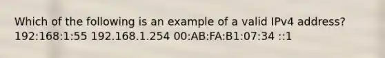 Which of the following is an example of a valid IPv4 address? 192:168:1:55 192.168.1.254 00:AB:FA:B1:07:34 ::1