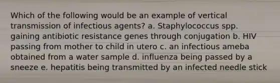 Which of the following would be an example of vertical transmission of infectious agents? a. Staphylococcus spp. gaining antibiotic resistance genes through conjugation b. HIV passing from mother to child in utero c. an infectious ameba obtained from a water sample d. influenza being passed by a sneeze e. hepatitis being transmitted by an infected needle stick