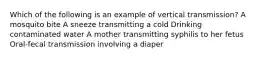 Which of the following is an example of vertical transmission? A mosquito bite A sneeze transmitting a cold Drinking contaminated water A mother transmitting syphilis to her fetus Oral-fecal transmission involving a diaper