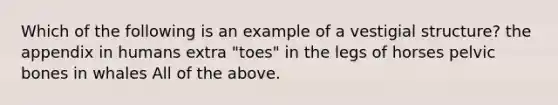 Which of the following is an example of a vestigial structure? the appendix in humans extra "toes" in the legs of horses pelvic bones in whales All of the above.