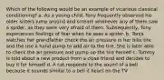 Which of the following would be an example of vicarious classical conditioning? a. As a young child, Tony frequently observed his older sisters jump around and scream whenever any of them saw a spider, as they were very afraid of them. Subsequently, Tony experiences feelings of fear when he sees a spider. b. Tonja watches her grandfather check the air pressure in her bike tire and the use a hand pump to add air to the tire. She is later able to check the air pressure and pump up the tire herself c. Tommy is told about a new product from a close friend and decides to buy it for himself d. A cat responds to the sound of a bell because it sounds similar to a bell it hears on the TV