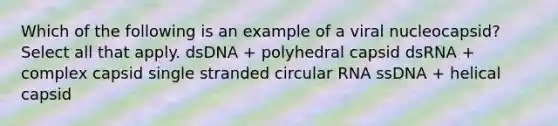 Which of the following is an example of a viral nucleocapsid? Select all that apply. dsDNA + polyhedral capsid dsRNA + complex capsid single stranded circular RNA ssDNA + helical capsid