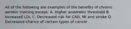 All of the following are examples of the benefits of chronic aerobic training except: A. Higher anaerobic threshold B. Increased LDL C. Decreased risk for CAD, MI and stroke D. Decreased chance of certain types of cancer