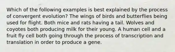 Which of the following examples is best explained by the process of convergent evolution? The wings of birds and butterflies being used for flight. Both mice and rats having a tail. Wolves and coyotes both producing milk for their young. A human cell and a fruit fly cell both going through the process of transcription and translation in order to produce a gene.