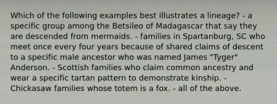 Which of the following examples best illustrates a lineage? - a specific group among the Betsileo of Madagascar that say they are descended from mermaids. - families in Spartanburg, SC who meet once every four years because of shared claims of descent to a specific male ancestor who was named James "Tyger" Anderson. - Scottish families who claim common ancestry and wear a specific tartan pattern to demonstrate kinship. - Chickasaw families whose totem is a fox. - all of the above.