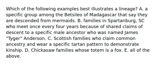 Which of the following examples best illustrates a lineage? A. a specific group among the Betsileo of Madagascar that say they are descended from mermaids. B. families in Spartanburg, SC who meet once every four years because of shared claims of descent to a specific male ancestor who was named James "Tyger" Anderson. C. Scottish families who claim common ancestry and wear a specific tartan pattern to demonstrate kinship. D. Chickasaw families whose totem is a fox. E. all of the above.