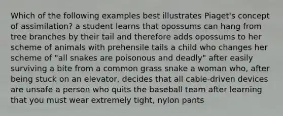 Which of the following examples best illustrates Piaget's concept of assimilation? a student learns that opossums can hang from tree branches by their tail and therefore adds opossums to her scheme of animals with prehensile tails a child who changes her scheme of "all snakes are poisonous and deadly" after easily surviving a bite from a common grass snake a woman who, after being stuck on an elevator, decides that all cable-driven devices are unsafe a person who quits the baseball team after learning that you must wear extremely tight, nylon pants