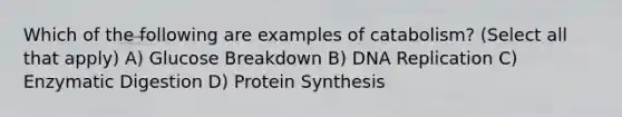 Which of the following are examples of catabolism? (Select all that apply) A) Glucose Breakdown B) <a href='https://www.questionai.com/knowledge/kofV2VQU2J-dna-replication' class='anchor-knowledge'>dna replication</a> C) Enzymatic Digestion D) <a href='https://www.questionai.com/knowledge/kVyphSdCnD-protein-synthesis' class='anchor-knowledge'>protein synthesis</a>