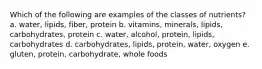 Which of the following are examples of the classes of nutrients? a. water, lipids, fiber, protein b. vitamins, minerals, lipids, carbohydrates, protein c. water, alcohol, protein, lipids, carbohydrates d. carbohydrates, lipids, protein, water, oxygen e. gluten, protein, carbohydrate, whole foods