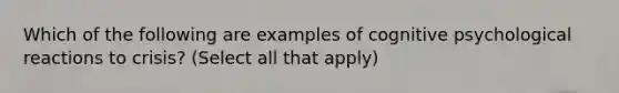 Which of the following are examples of cognitive psychological reactions to crisis? (Select all that apply)