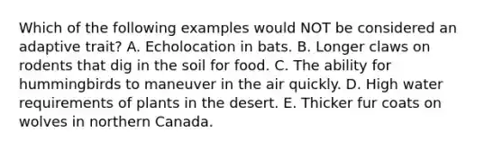 Which of the following examples would NOT be considered an adaptive trait? A. Echolocation in bats. B. Longer claws on rodents that dig in the soil for food. C. The ability for hummingbirds to maneuver in the air quickly. D. High water requirements of plants in the desert. E. Thicker fur coats on wolves in northern Canada.