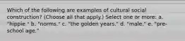 Which of the following are examples of cultural social construction? (Choose all that apply.) Select one or more: a. "hippie." b. "norms." c. "the golden years." d. "male." e. "pre-school age."