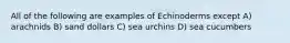 All of the following are examples of Echinoderms except A) arachnids B) sand dollars C) sea urchins D) sea cucumbers