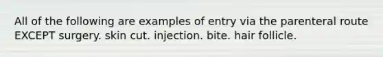 All of the following are examples of entry via the parenteral route EXCEPT surgery. skin cut. injection. bite. hair follicle.