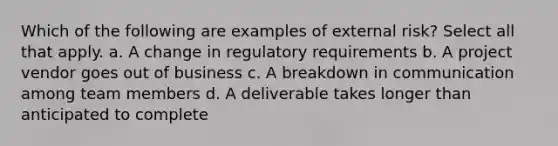 Which of the following are examples of external risk? Select all that apply. a. A change in regulatory requirements b. A project vendor goes out of business c. A breakdown in communication among team members d. A deliverable takes longer than anticipated to complete