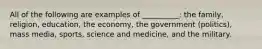 All of the following are examples of __________: the family, religion, education, the economy, the government (politics), mass media, sports, science and medicine, and the military.