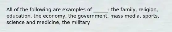 All of the following are examples of ______: the family, religion, education, the economy, the government, mass media, sports, science and medicine, the military