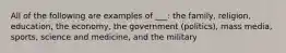 All of the following are examples of ___: the family, religion, education, the economy, the government (politics), mass media, sports, science and medicine, and the military