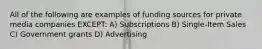 All of the following are examples of funding sources for private media companies EXCEPT: A) Subscriptions B) Single-Item Sales C) Government grants D) Advertising