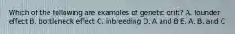 Which of the following are examples of genetic drift? A. founder effect B. bottleneck effect C. inbreeding D. A and B E. A, B, and C