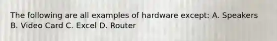 The following are all examples of hardware except: A. Speakers B. Video Card C. Excel D. Router