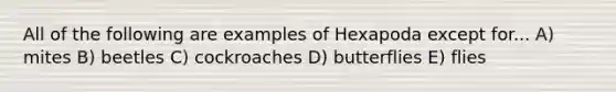 All of the following are examples of Hexapoda except for... A) mites B) beetles C) cockroaches D) butterflies E) flies