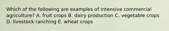 Which of the following are examples of intensive commercial agriculture? A. fruit crops B. dairy production C. vegetable crops D. livestock ranching E. wheat crops