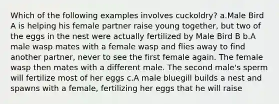 Which of the following examples involves cuckoldry? a.Male Bird A is helping his female partner raise young together, but two of the eggs in the nest were actually fertilized by Male Bird B b.A male wasp mates with a female wasp and flies away to find another partner, never to see the first female again. The female wasp then mates with a different male. The second male's sperm will fertilize most of her eggs c.A male bluegill builds a nest and spawns with a female, fertilizing her eggs that he will raise