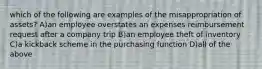 which of the following are examples of the misappropriation of assets? A)an employee overstates an expenses reimbursement request after a company trip B)an employee theft of inventory C)a kickback scheme in the purchasing function D)all of the above