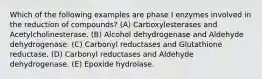 Which of the following examples are phase I enzymes involved in the reduction of compounds? (A) Carboxylesterases and Acetylcholinesterase. (B) Alcohol dehydrogenase and Aldehyde dehydrogenase. (C) Carbonyl reductases and Glutathione reductase. (D) Carbonyl reductases and Aldehyde dehydrogenase. (E) Epoxide hydrolase.