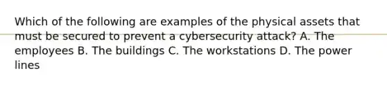 Which of the following are examples of the physical assets that must be secured to prevent a cybersecurity attack? A. The employees B. The buildings C. The workstations D. The power lines