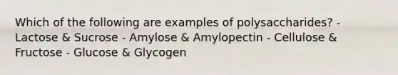 Which of the following are examples of polysaccharides? - Lactose & Sucrose - Amylose & Amylopectin - Cellulose & Fructose - Glucose & Glycogen