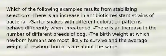 Which of the following examples results from stabilizing selection? -There is an increase in antibiotic-resistant strains of bacteria. -Garter snakes with different coloration patterns behave differently when threatened. -There is an increase in the number of different breeds of dog. -The birth weight at which newborn humans are most likely to survive and the average weight of newborn humans are about the same.