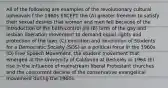 All of the following are examples of the revolutionary cultural upheavals f the 1960s EXCEPT the (A) greater freedom to satisfy their sexual desires that women and men felt because of the introduction of the birth-control pill (B) birth of the gay and lesbian liberation movement to demand equal rights and protection of the laws (C) evolution and devolution of Students for a Democratic Society (SDS) as a political force in the 1960s (D) Free Speech Movement, the student movement that emerged at the University of California at Berkeley in 1964 (E) rise in the influence of mainstream liberal Protestant churches and the concurrent decline of the conservative evangelical movement during the 1960s