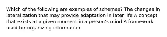 Which of the following are examples of schemas? The changes in lateralization that may provide adaptation in later life A concept that exists at a given moment in a person's mind A framework used for organizing information