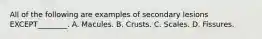 All of the following are examples of secondary lesions EXCEPT________. A. Macules. B. Crusts. C. Scales. D. Fissures.